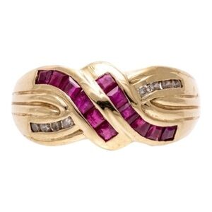Solid 14K Gold, Ruby and Diamond Estate Heirloom Ring - Classic Crossover Design